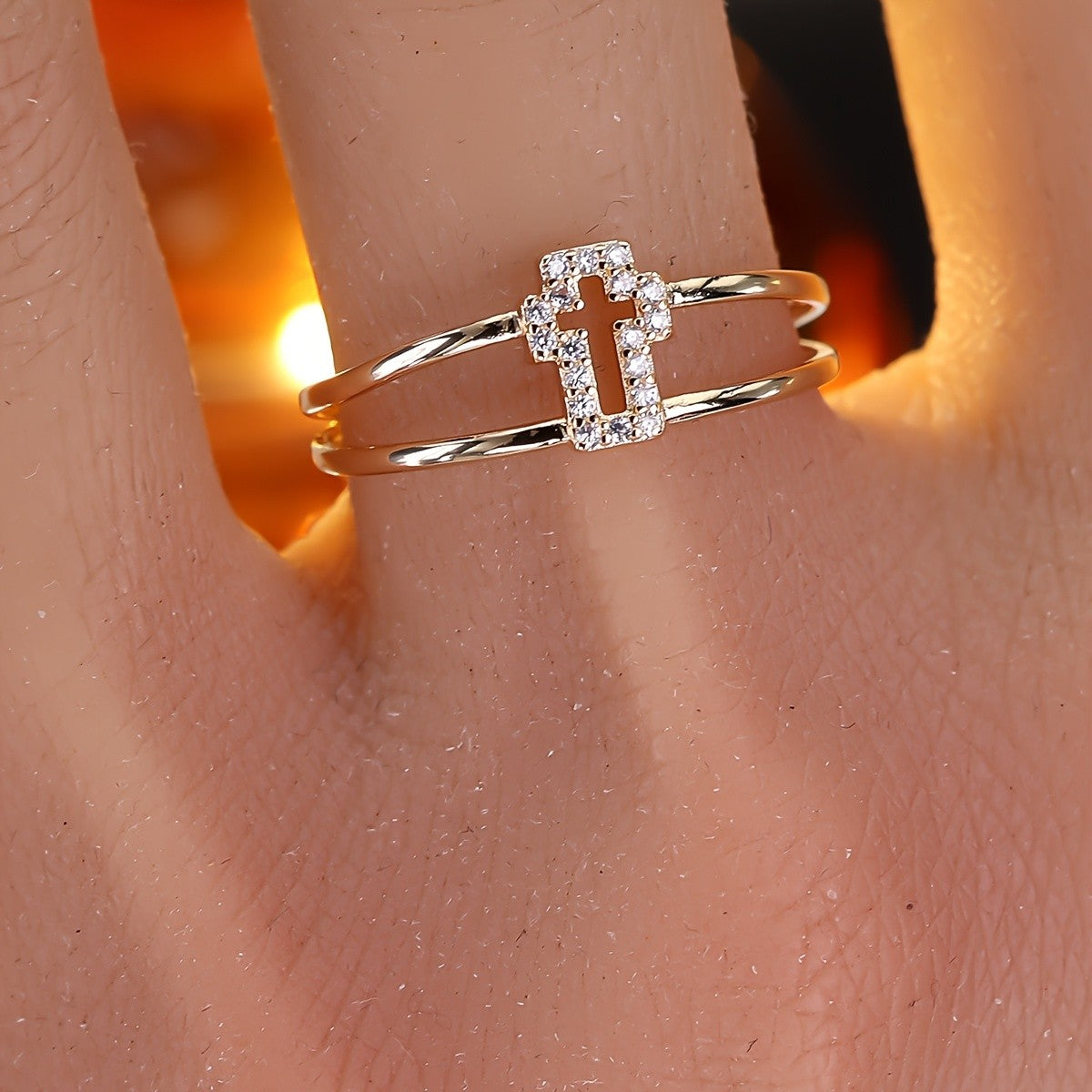 Crystal Cross Double Band Ring