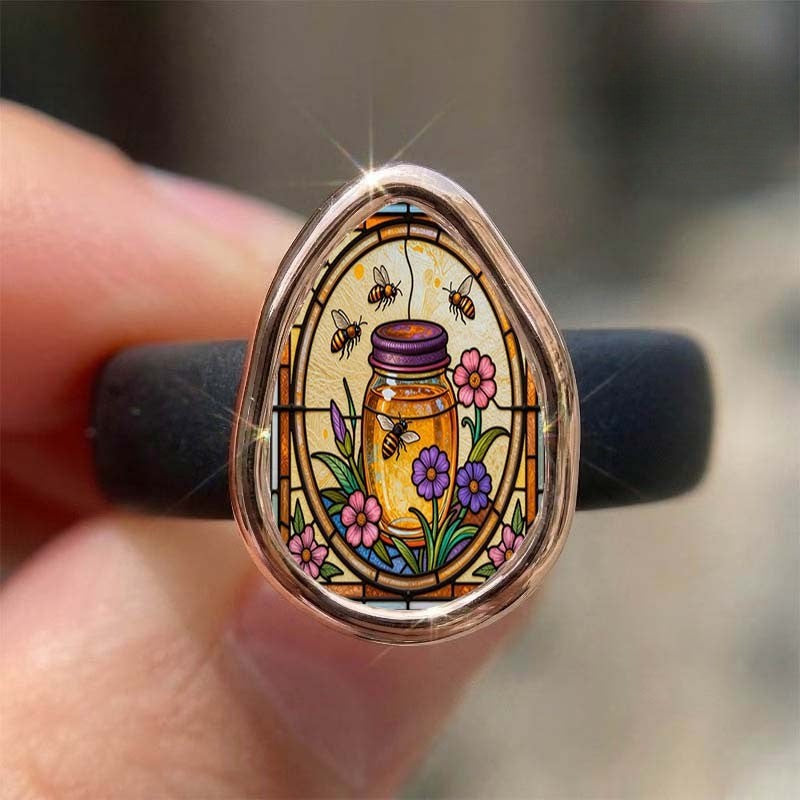 Stained Glass Bee & Honey Jar Ring