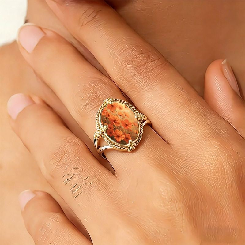 Orange Floral Glass Oval Ring