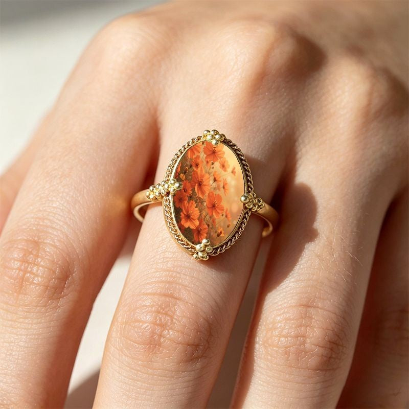 Orange Floral Glass Oval Ring
