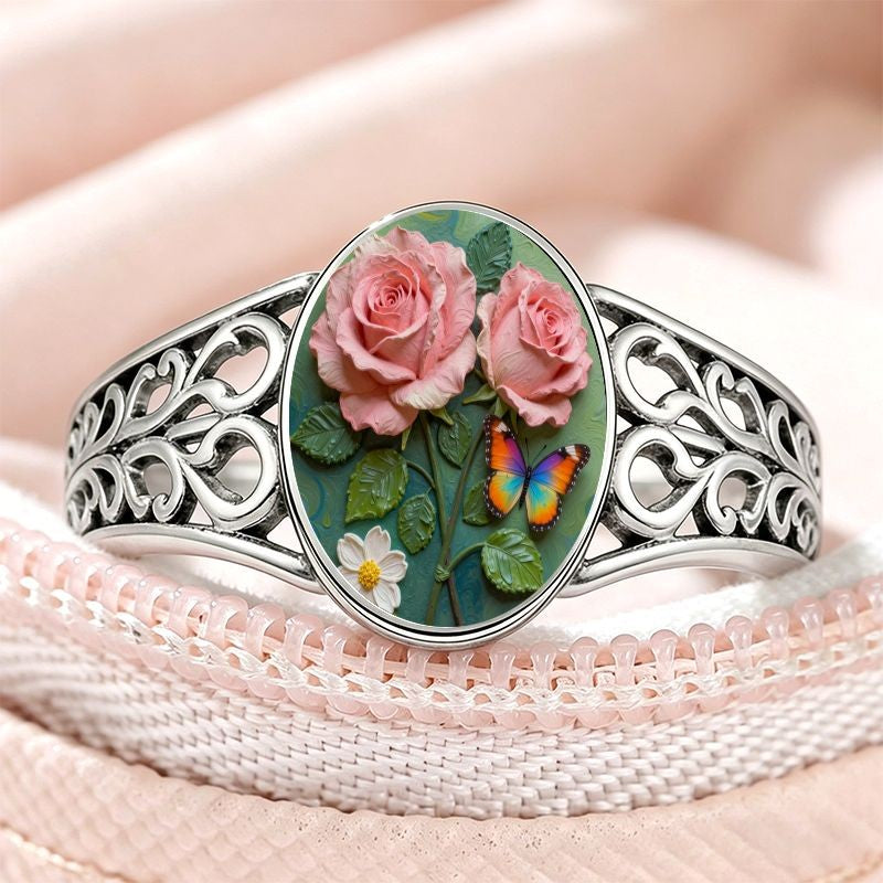 Pink Rose & Butterfly Filigree Ring