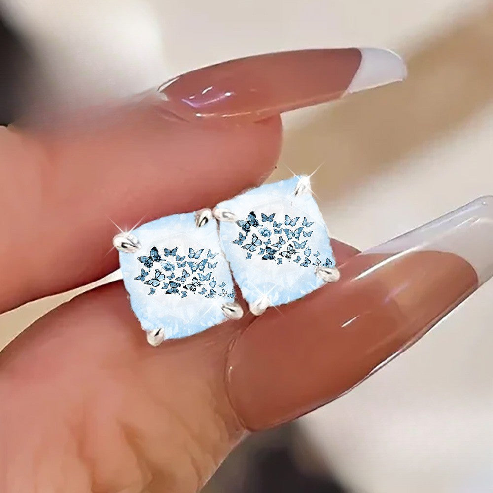 Blue Butterfly Mosaic Square Stud Earrings
