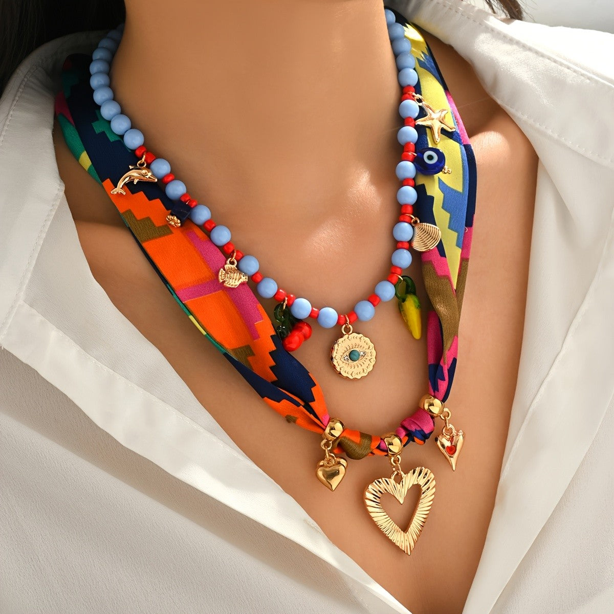 Colorful Scarf & Beaded Nautical Charm Necklace Set