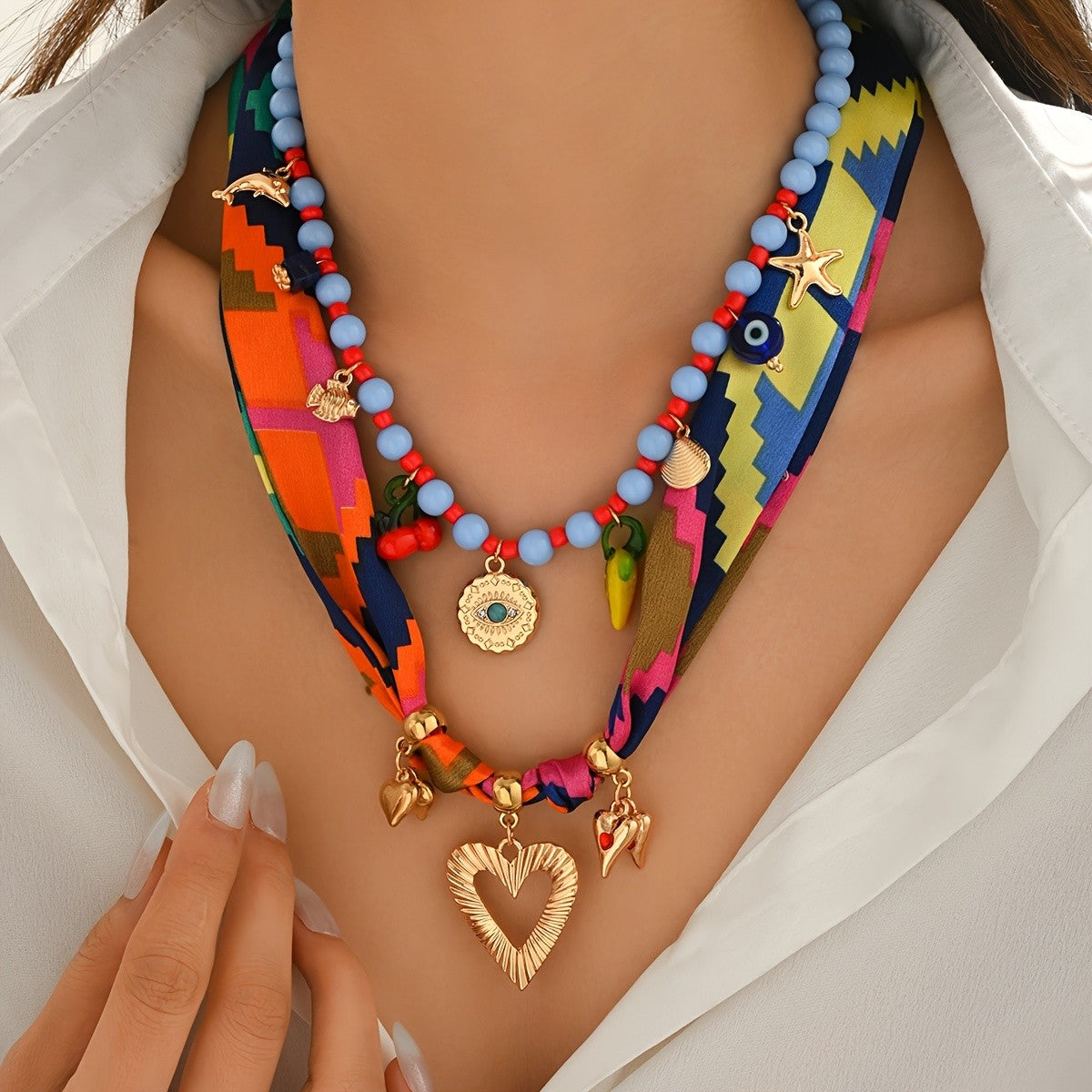 Colorful Scarf & Beaded Nautical Charm Necklace Set