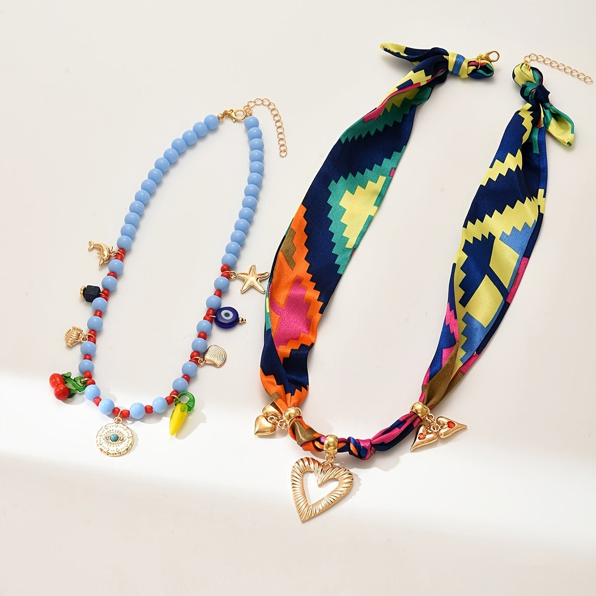 Colorful Scarf & Beaded Nautical Charm Necklace Set