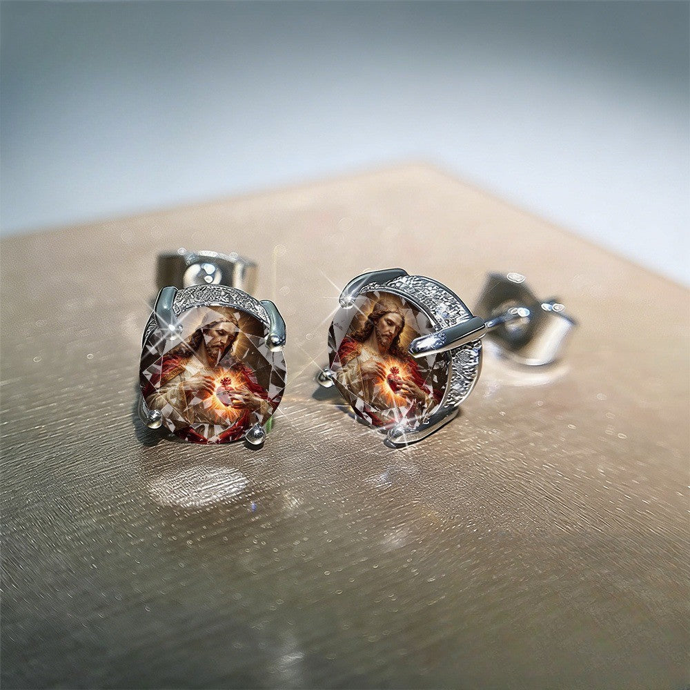 Sacred Heart Glass Stud Earrings