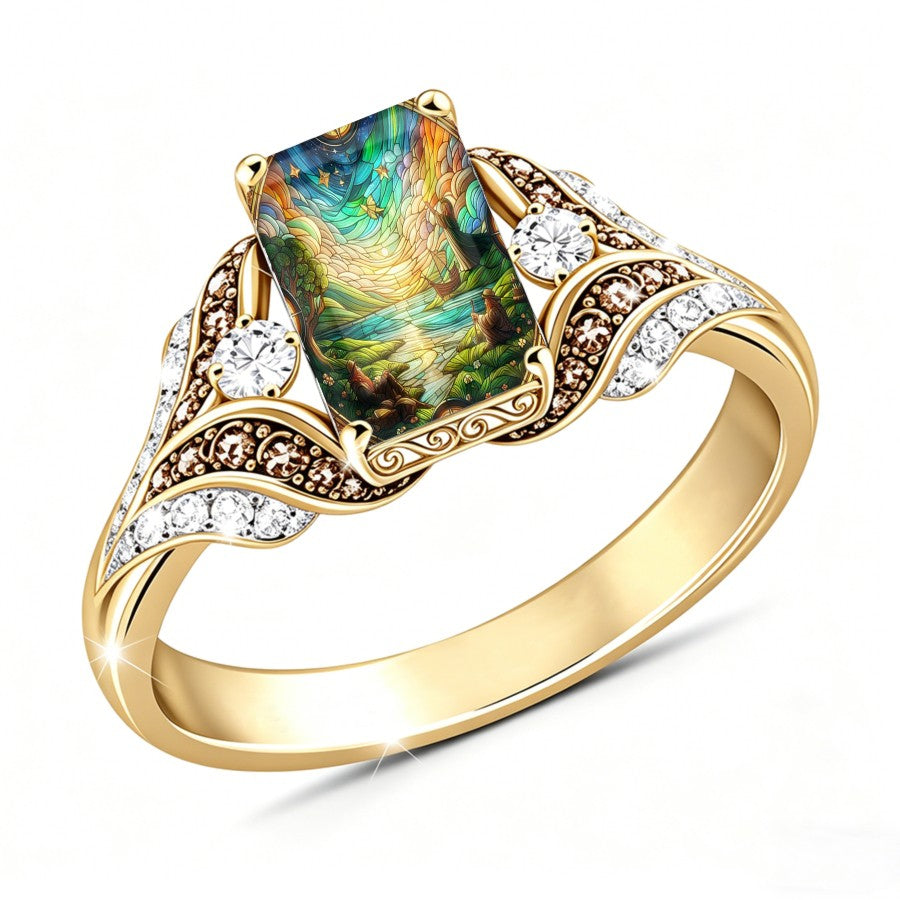 Stained Glass River Scene Ring