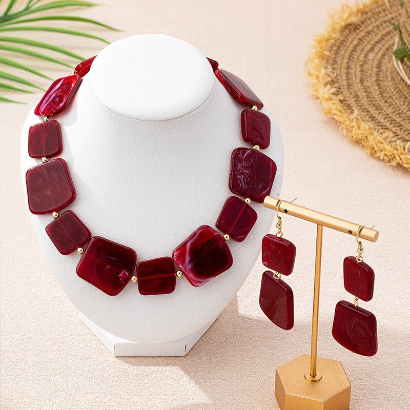 Burgundy Marble Square Necklace & Earring Set