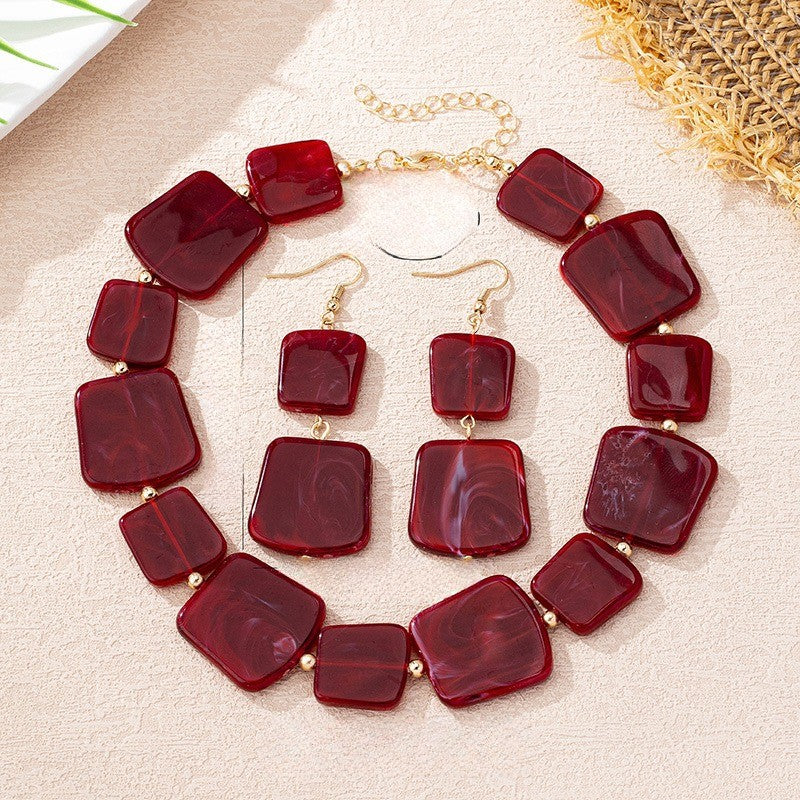 Burgundy Marble Square Necklace & Earring Set