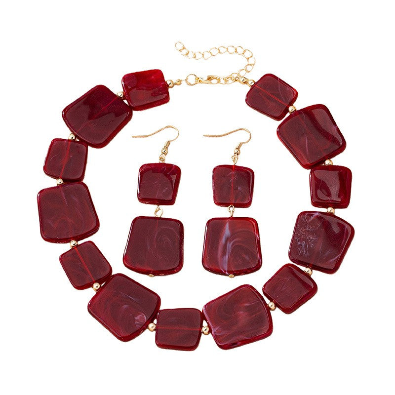 Burgundy Marble Square Necklace & Earring Set