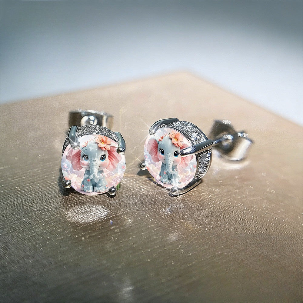 Floral Elephant Glass Dome Stud Earrings
