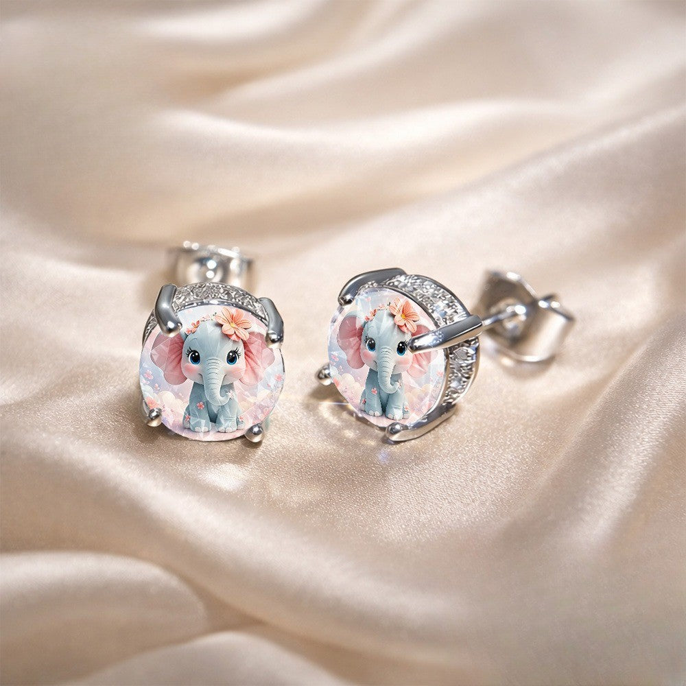 Floral Elephant Glass Dome Stud Earrings