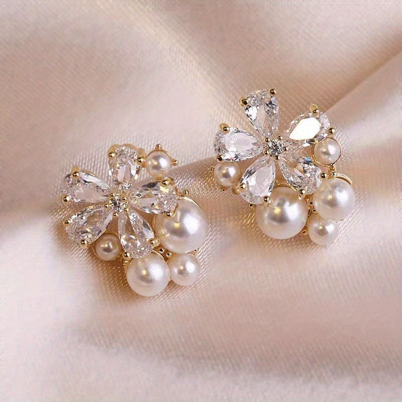 Zircon Flower Pearl Stud Earrings