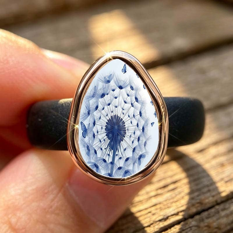 Blue Dandelion Teardrop Ring