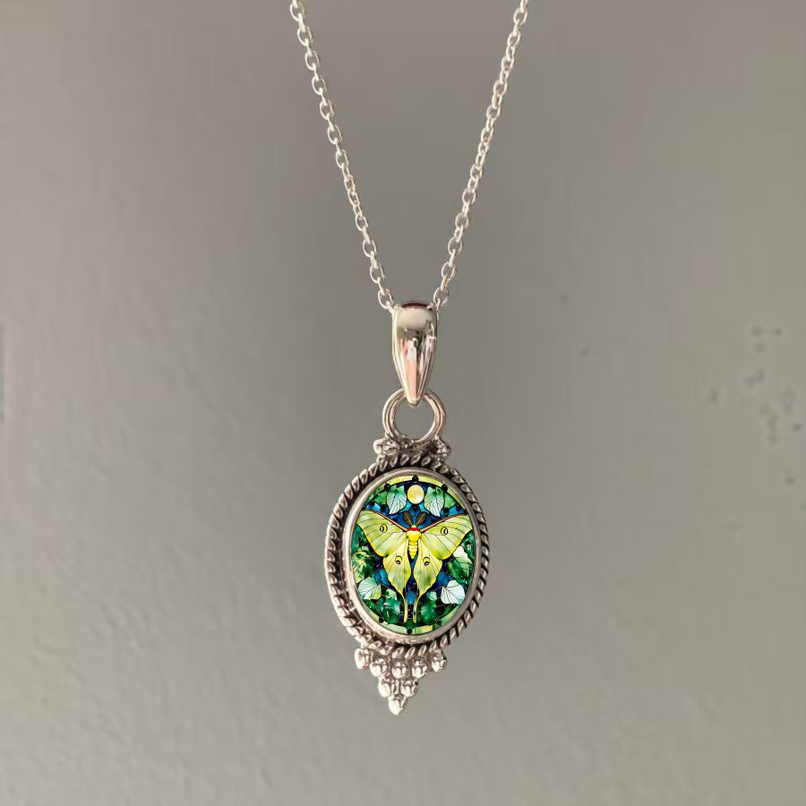 Yellow Moth Oval Pendant Necklace