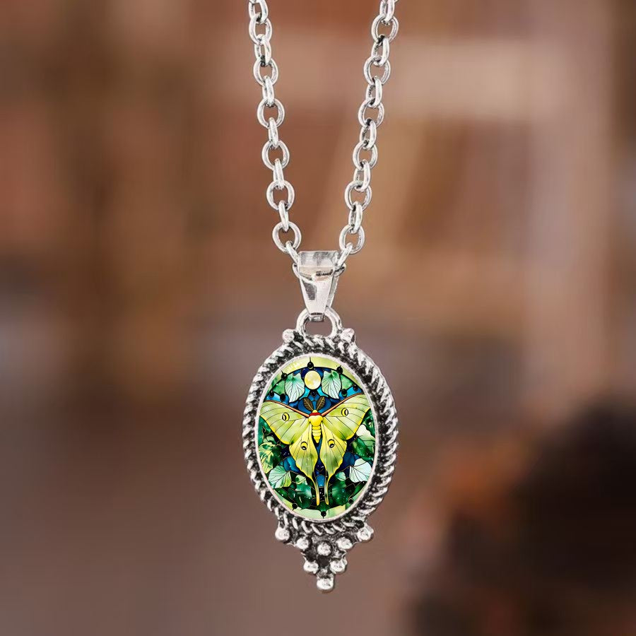 Yellow Moth Oval Pendant Necklace