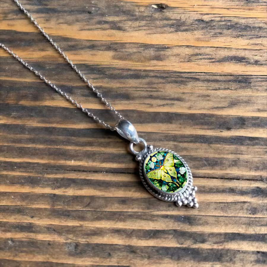 Yellow Moth Oval Pendant Necklace