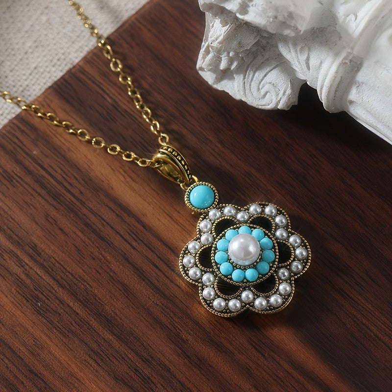 Turquoise Pearl Medallion Necklace