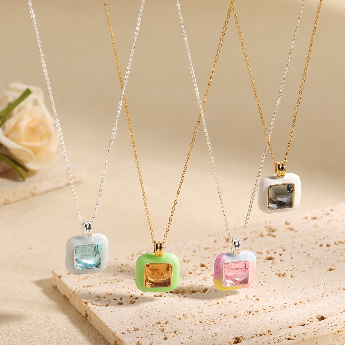 Square Glass Inlay Pendant Necklace