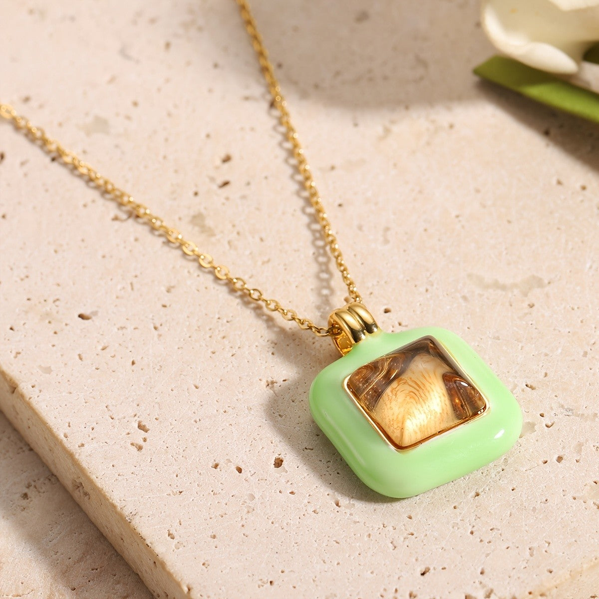 Square Glass Inlay Pendant Necklace