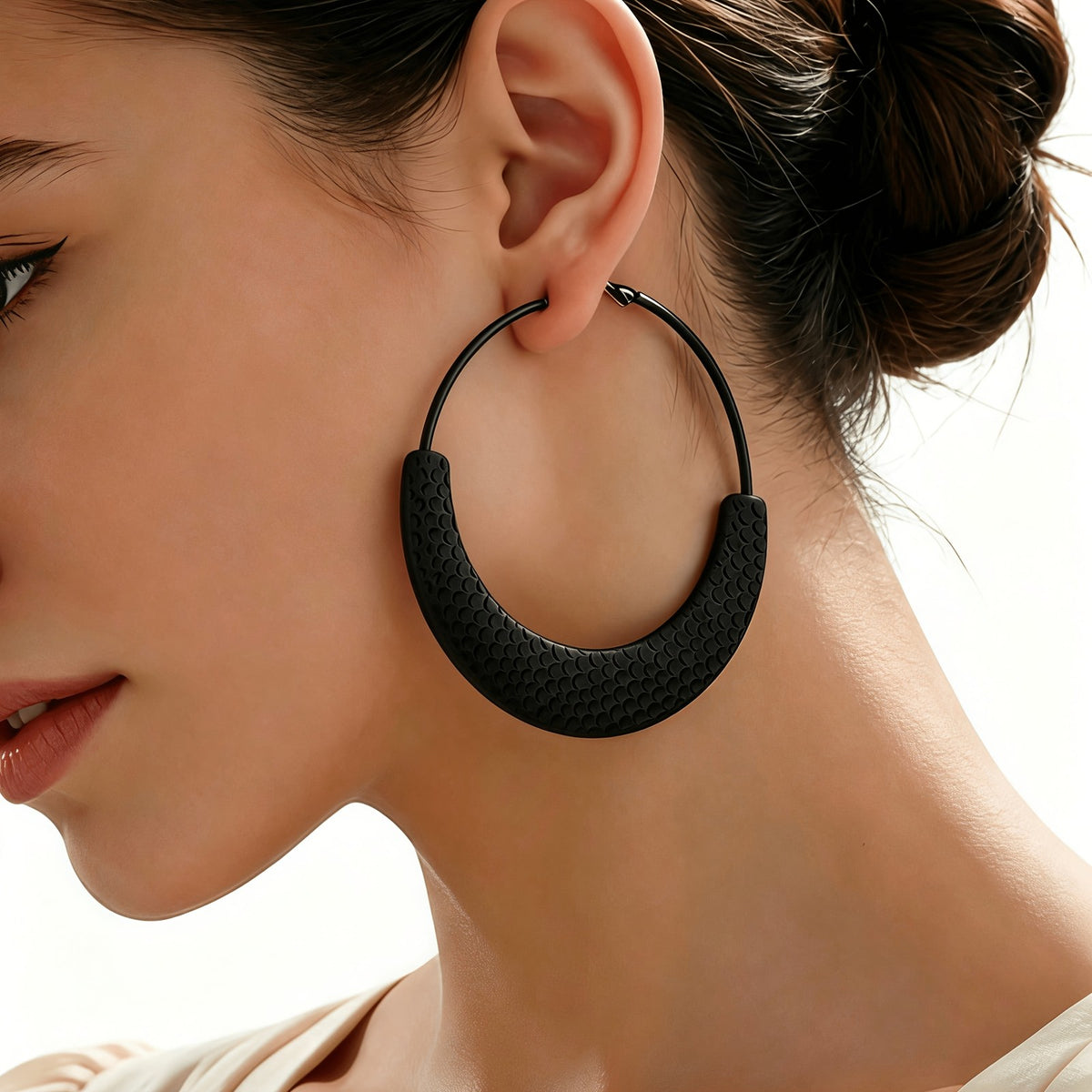 Black Textured Crescent Hoop Earrings