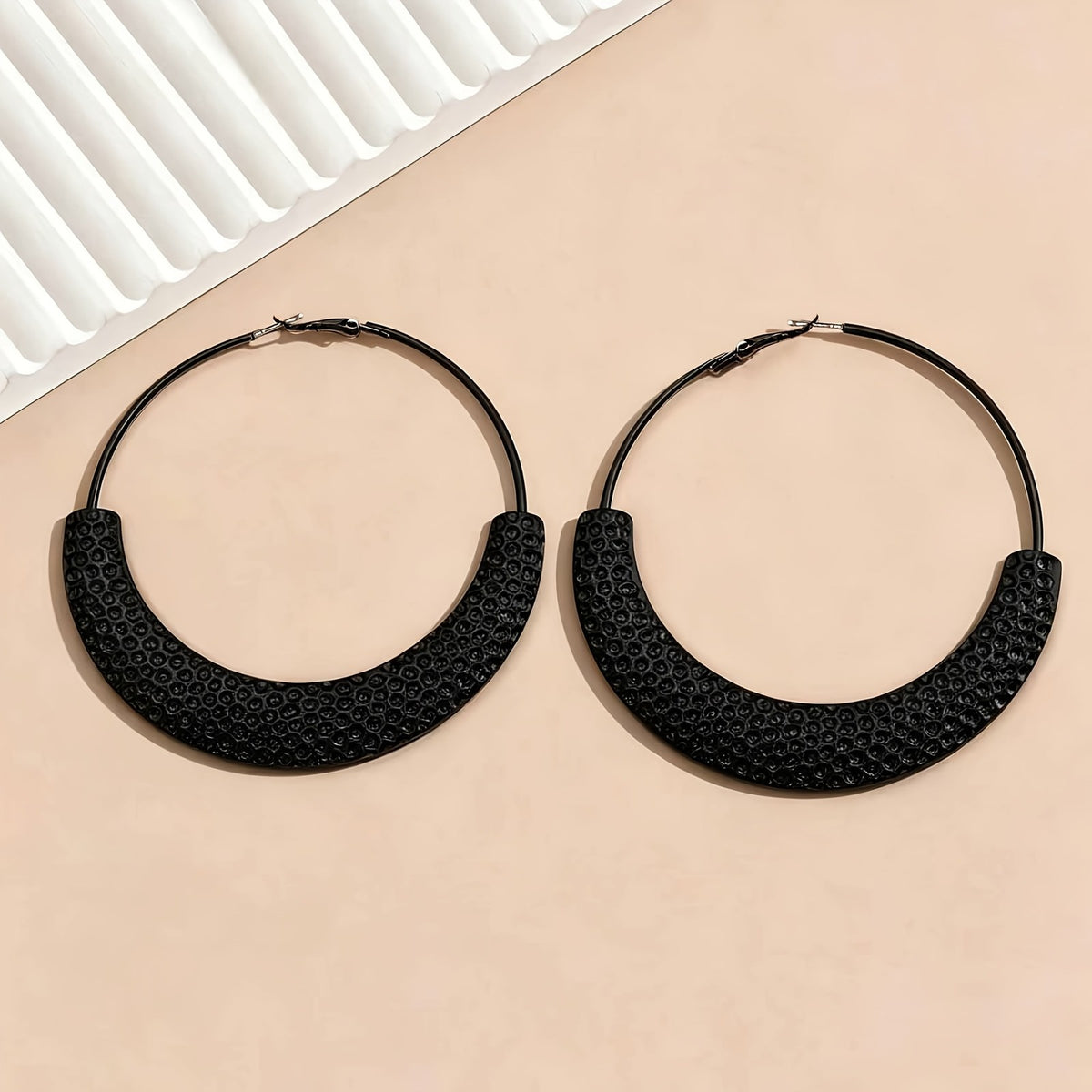 Black Textured Crescent Hoop Earrings