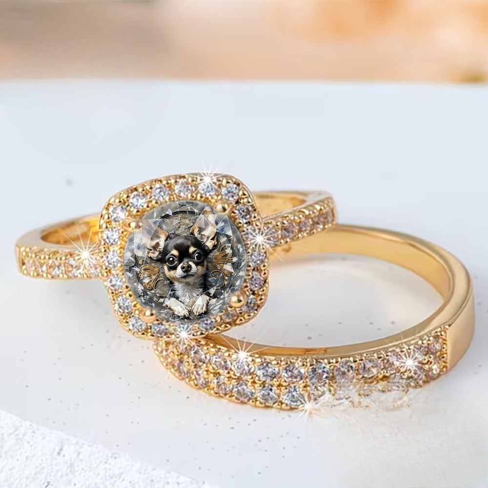 Chihuahua Crystal Square Ring Set