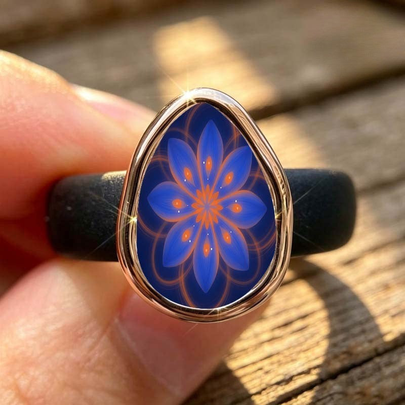 Blue Floral Mandala Teardrop Ring