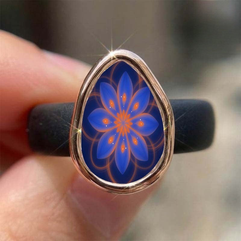 Blue Floral Mandala Teardrop Ring