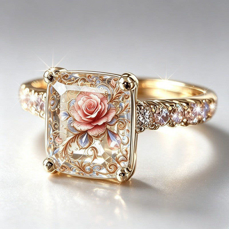 Pink Rose Filigree Square Ring