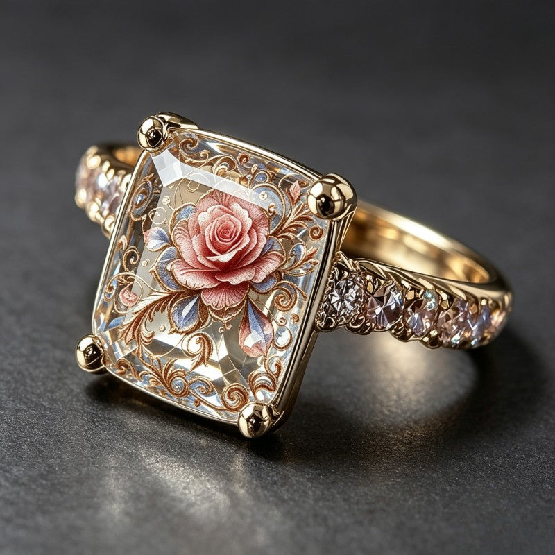 Pink Rose Filigree Square Ring