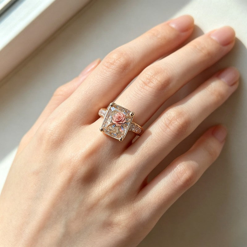 Pink Rose Filigree Square Ring