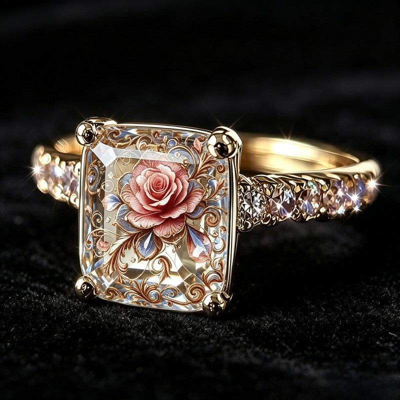 Pink Rose Filigree Square Ring
