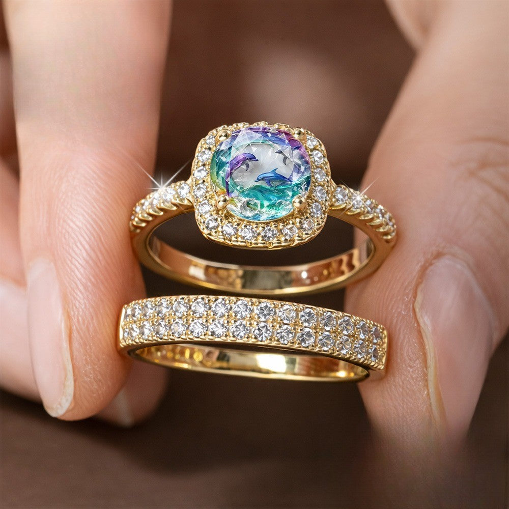 Square Dolphin Crystal Ring Set