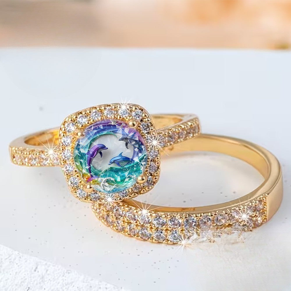 Square Dolphin Crystal Ring Set