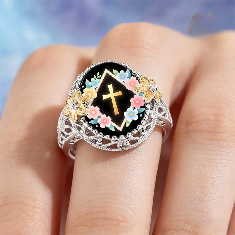 Cross & Floral Diamond Frame Ring
