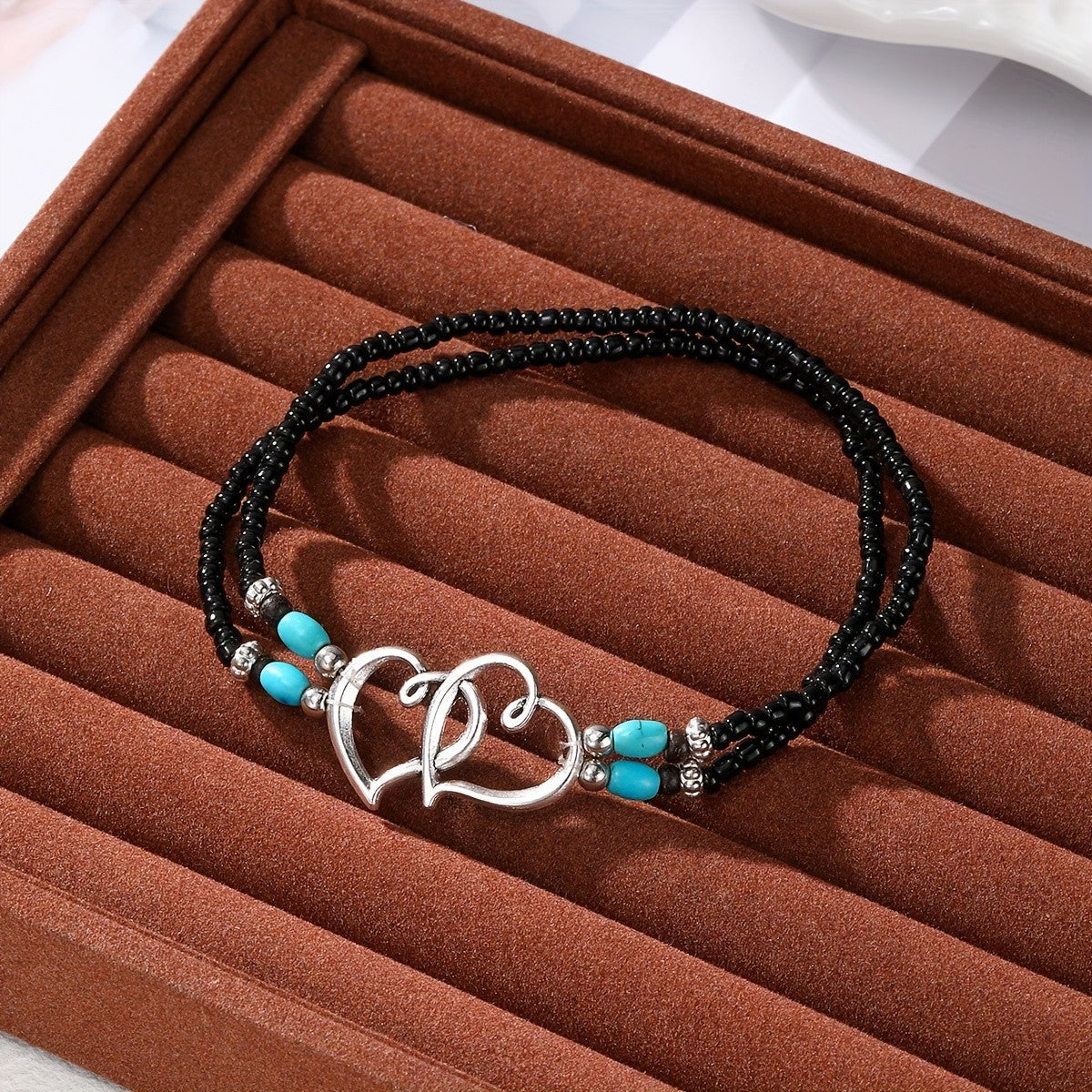 Rainbow Beaded Double Heart Anklet