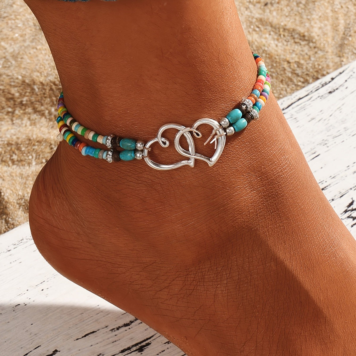 Rainbow Beaded Double Heart Anklet