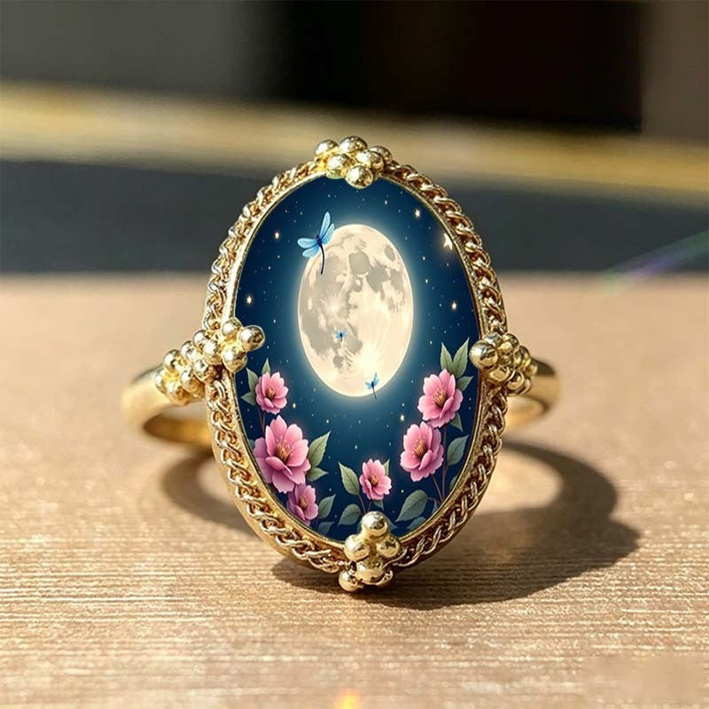 Moon & Floral Oval Ring