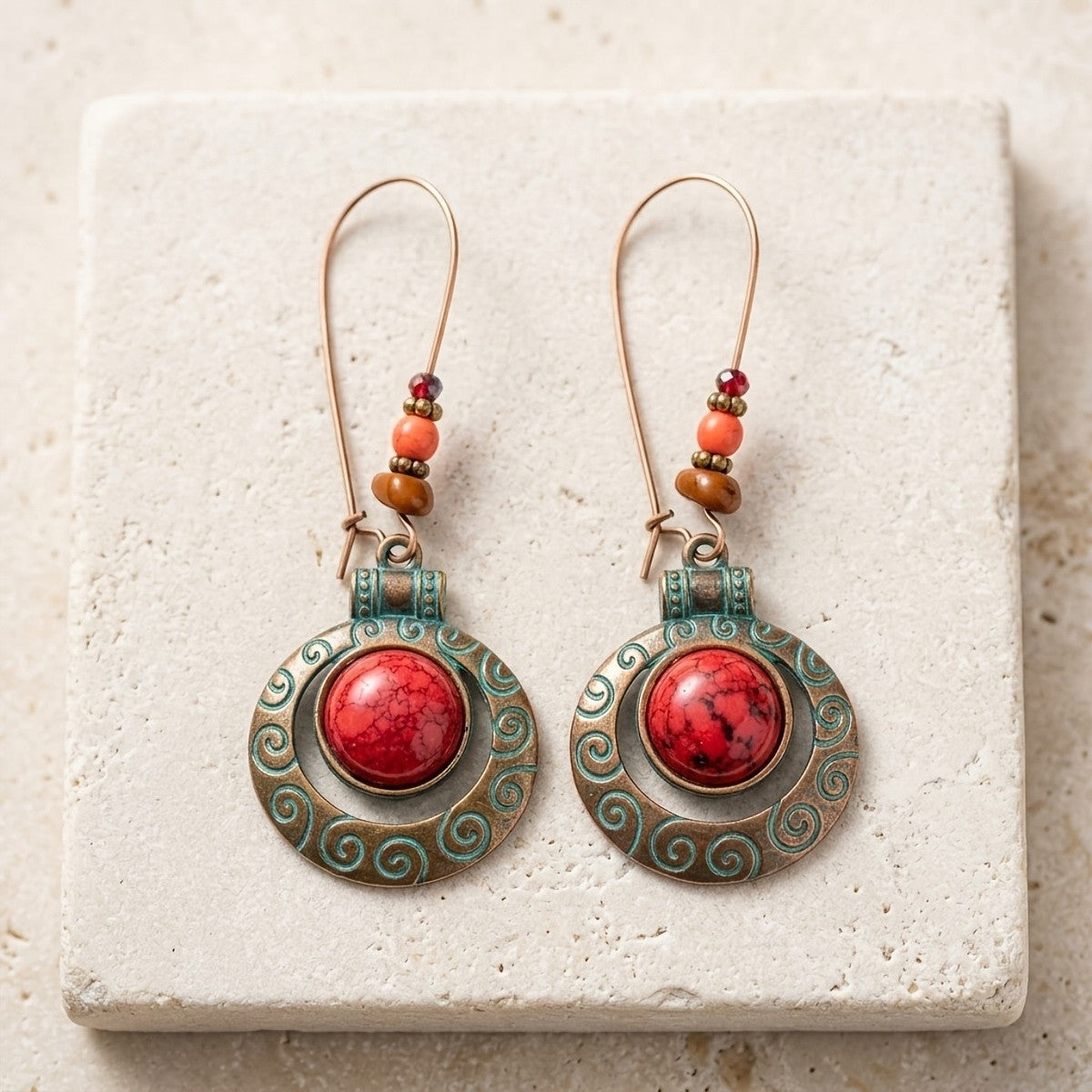 Red Stone Scroll Drop Earrings