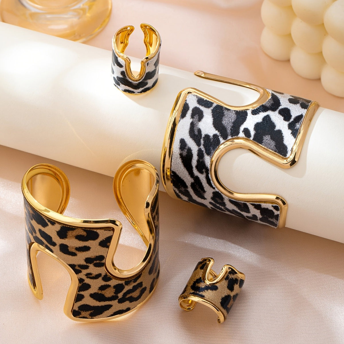 Leopard Print Cuff Bracelet & Ring Set