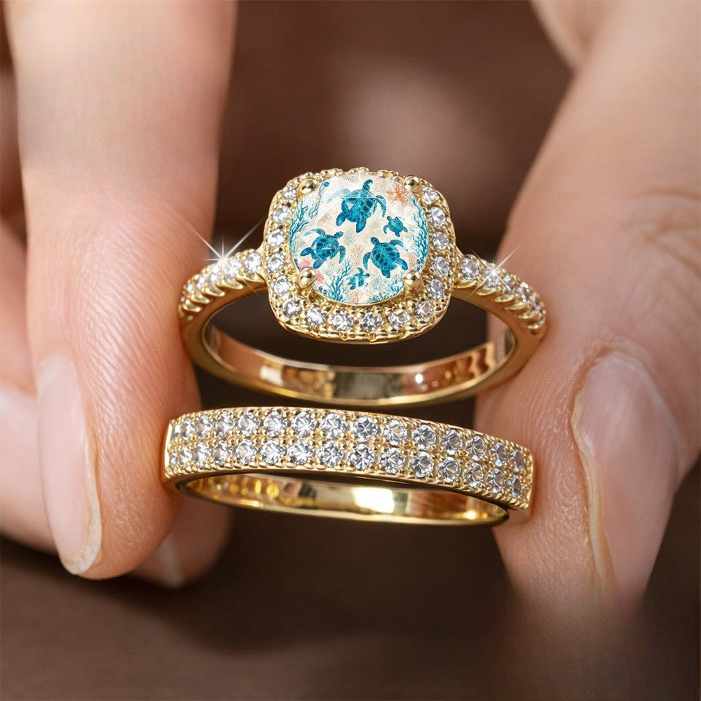 Sea Turtle & Crystal Square Ring Set