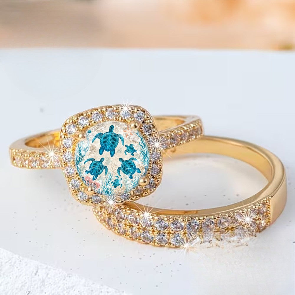 Sea Turtle & Crystal Square Ring Set