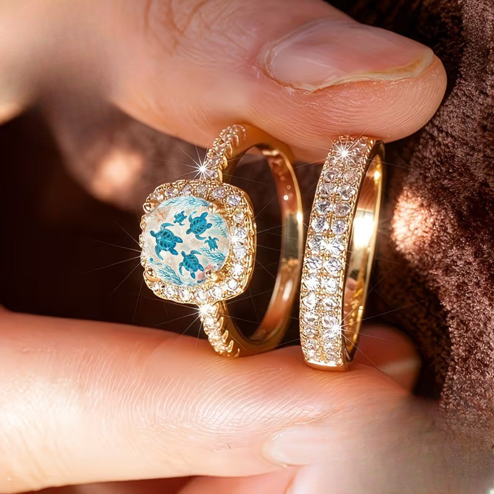 Sea Turtle & Crystal Square Ring Set