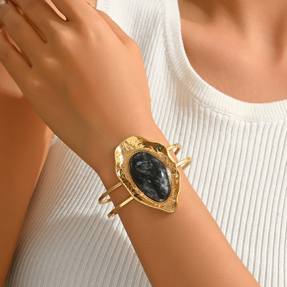 Black Stone Open Cuff Bangle