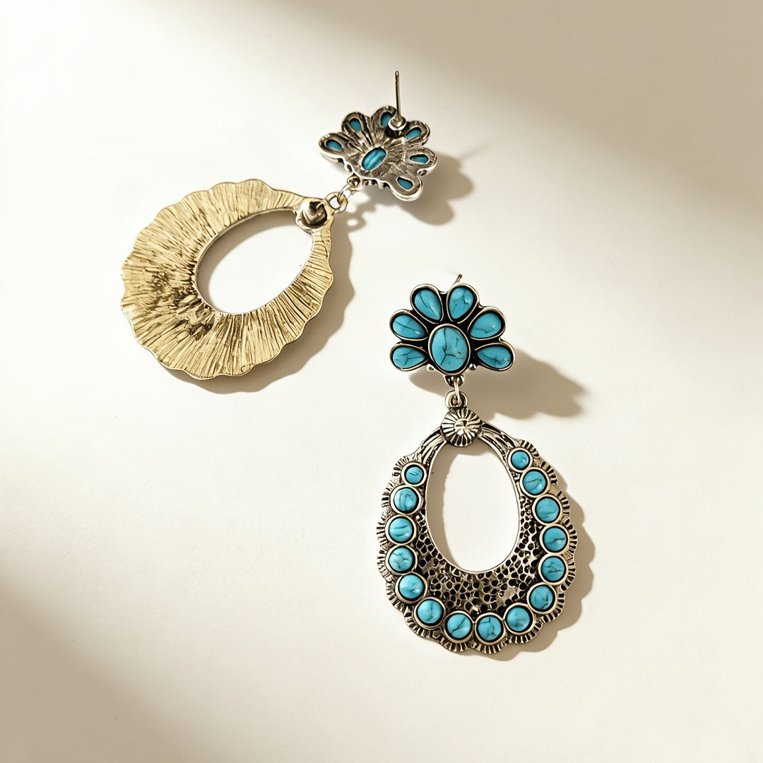 Turquoise Sunburst Hoop Drop Earrings