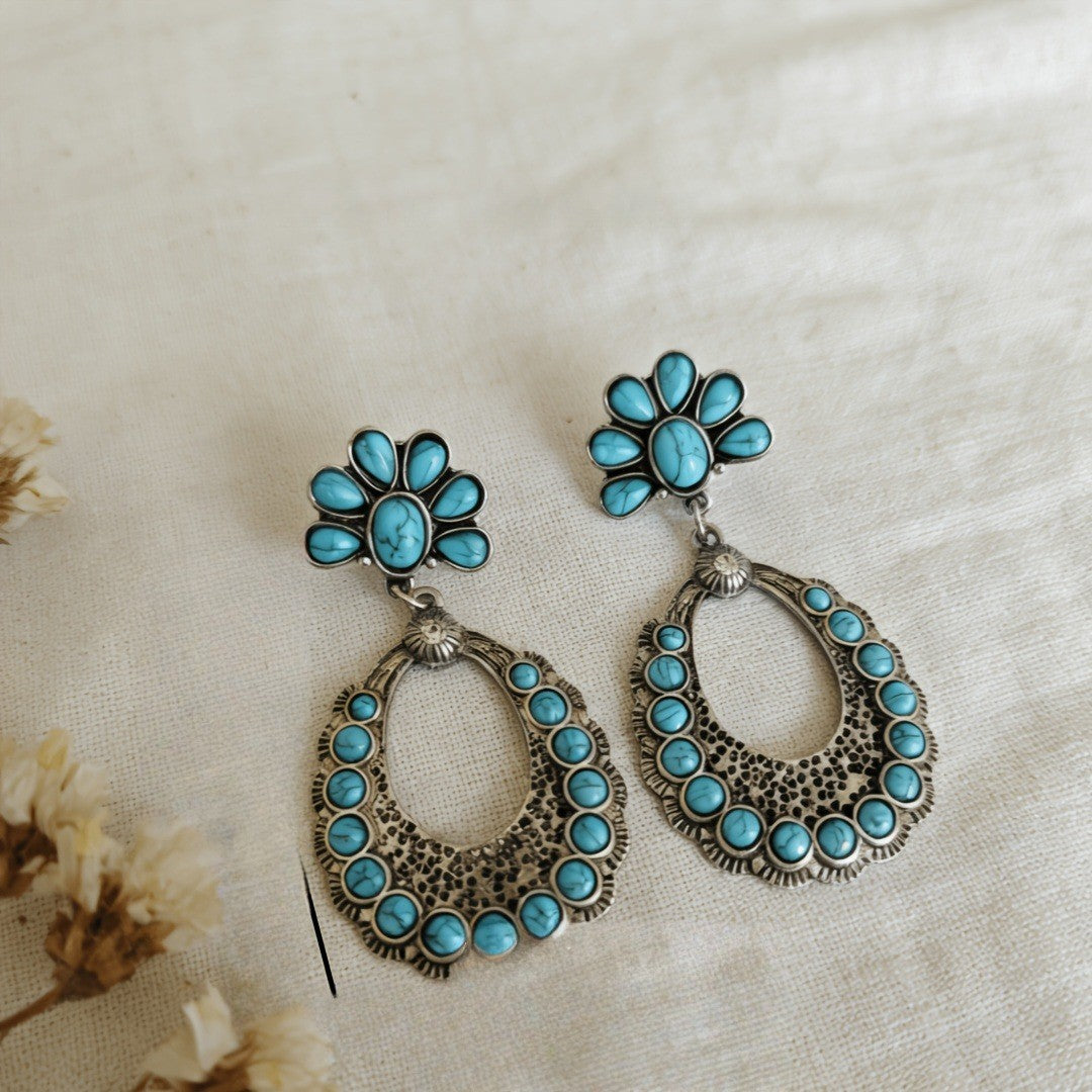 Turquoise Sunburst Hoop Drop Earrings