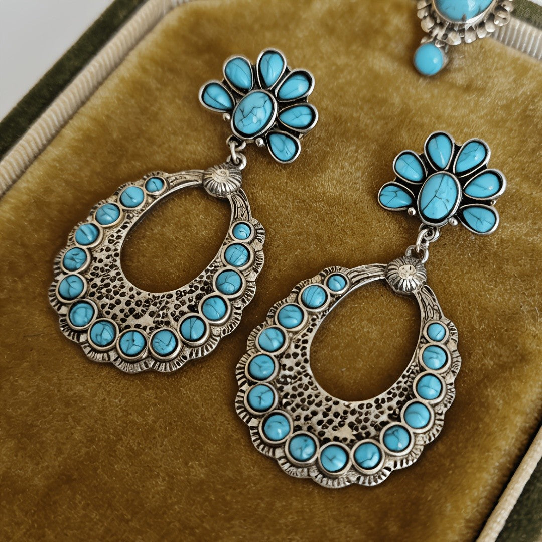 Turquoise Sunburst Hoop Drop Earrings