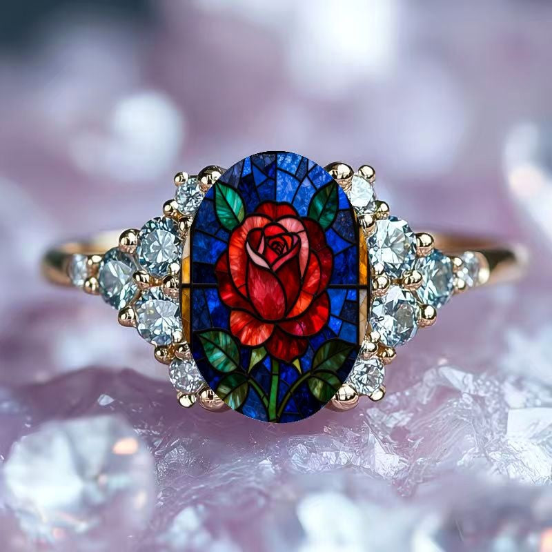 Red Rose Stained Glass Cluster Ring