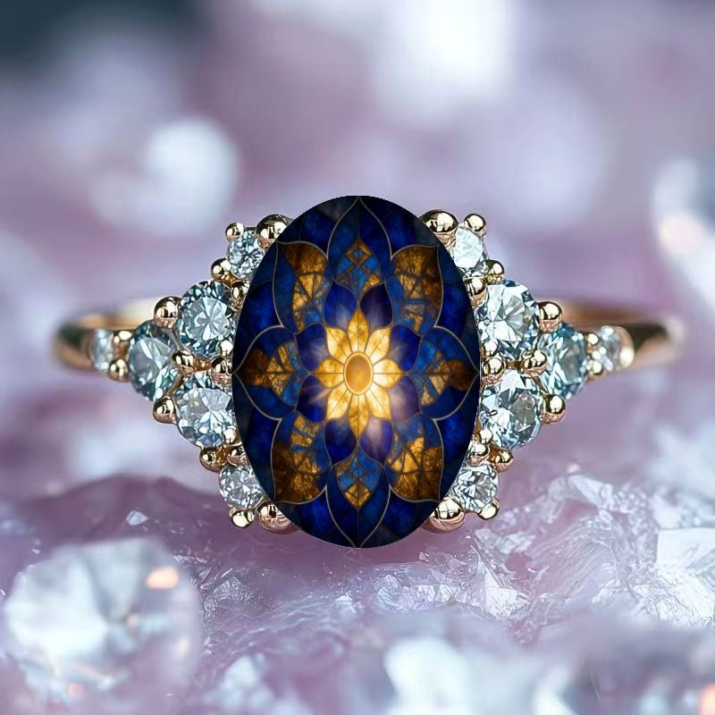 Blue & Gold Sunburst Oval Ring